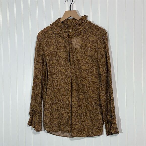 Soft Surroundings Blouse L NWT Brown Gold Paisley Ruffle Collar Long Sleeve Boho - Picture 1 of 8